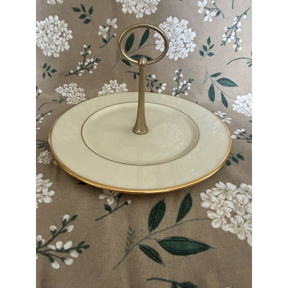 Lenox Mansfield Handled Serving Plate Round Tray 8.5" Gold Trim Vintage